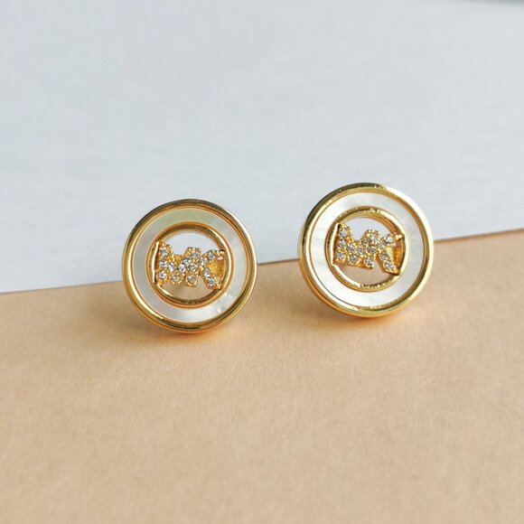 Michael Kors Crystal Pave Logo Disc Stud Earrings MKJ7764 Gold - Picture 1 of 3